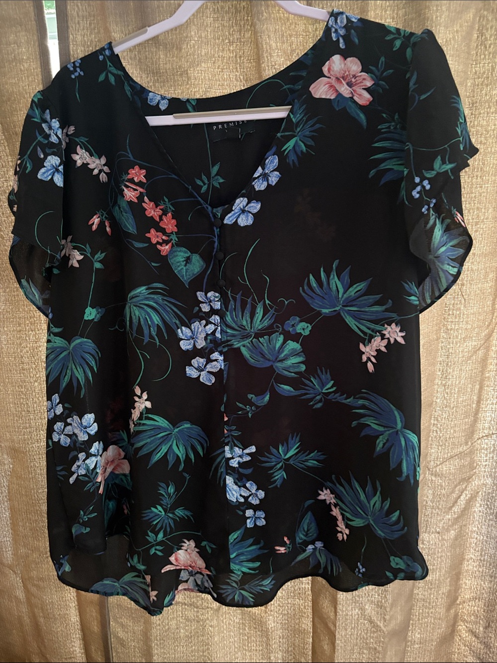 Premise Black Floral V-Neck Blouse with Blue & Green Leaves